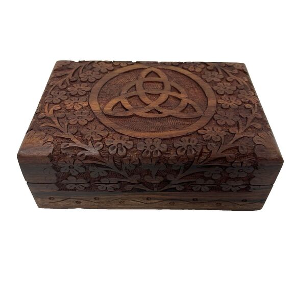 Triquetra Celtic Floral Hand Carved Wooden Trinket Keepsake Box Gemstones - Picture 1 of 16